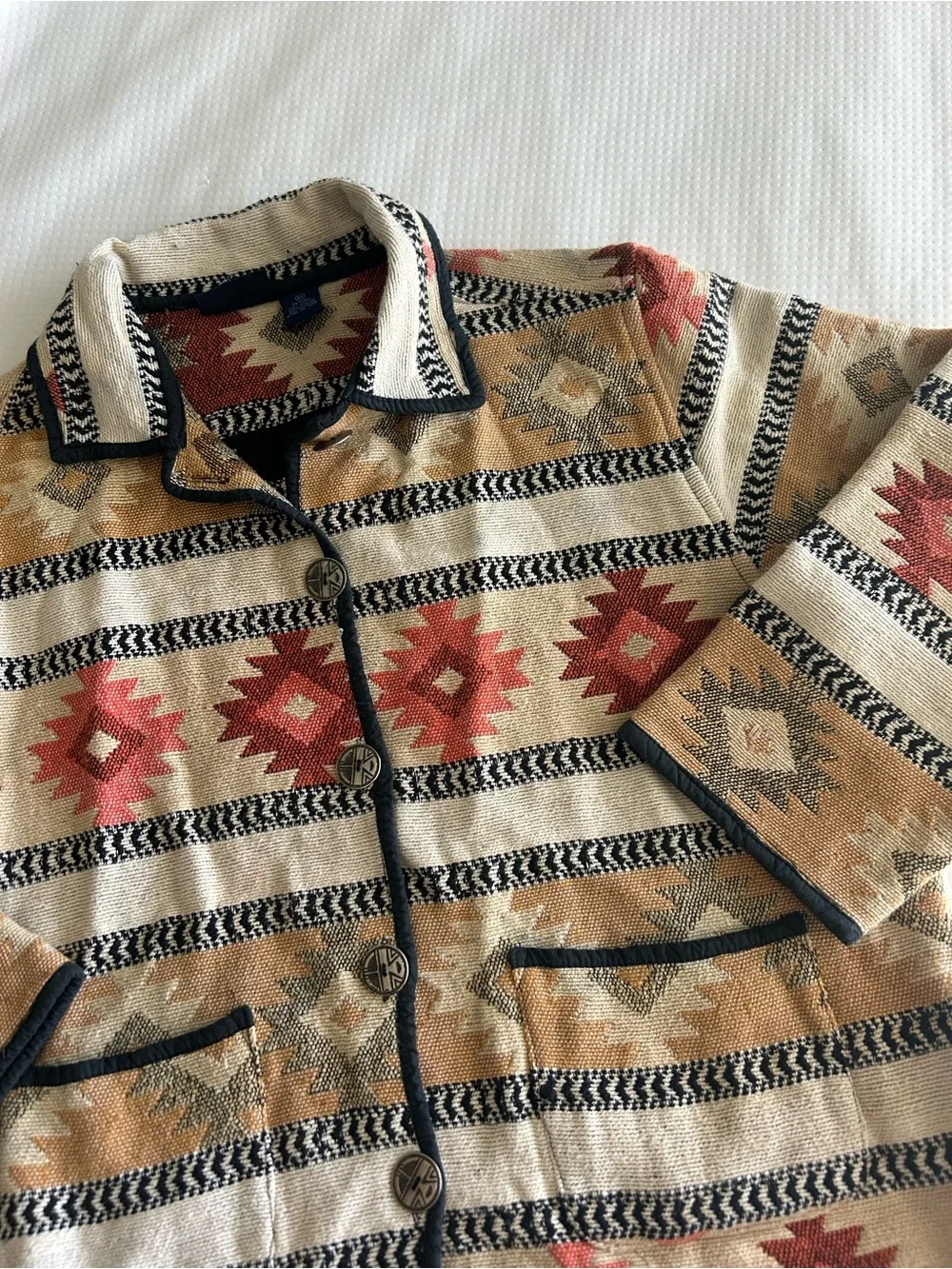 Laura Ashley Vintage Southwestern Aztec Knit Button-Up Cardigan in Beige/Rust - Picture 2 of 11